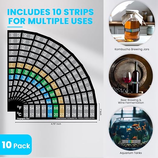 Horizontal Stick On Thermometer Strip, Digital Temperature Display for Fermenting, Brewing, Wine, Beer, Kombucha or Aquariums. 50-90F (10-32C) Adhesive Sticker 10 Pack (10)