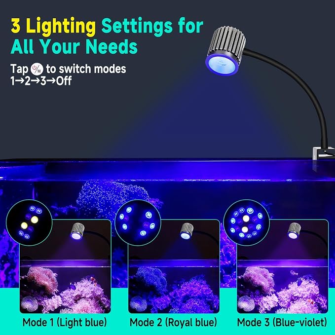 fishkeeper Saltwater Aquarium Light for 5-10 Gallon, 24/7 Reef LED Light | Adjustable 3 Color Mode /10 Brightness/3 Timer, 12W Clip On Aquarium Light for Coral Marine Tank, Memory Function