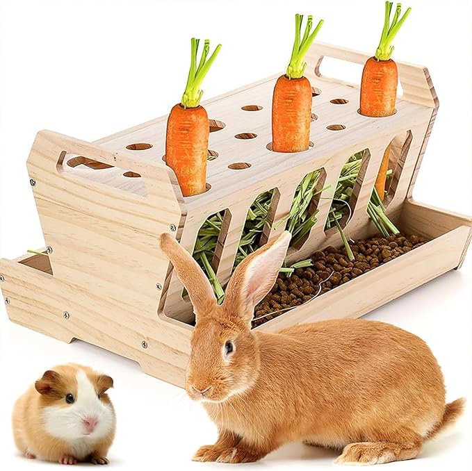 Rabbit Hay Feeder, Large Capacity Wooden Hay Feeder for Rabbits Guinea Pigs Chinchillas, Pet-self Feeding Hay Manager Alfalfa Timothy Dispenser Grass Holder Carrot Feeders for Bunny