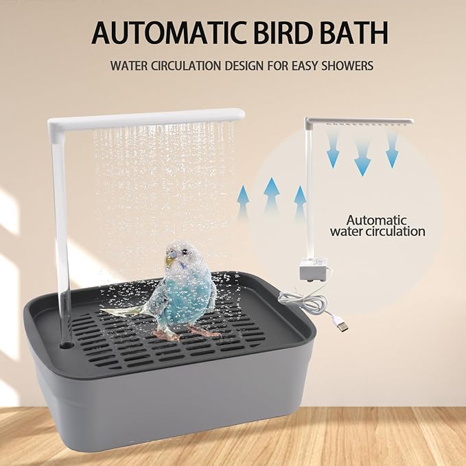 PINVNBY Automatic Bird Bath Shower for Cage,Parrot Bath Box with Pump,Parakeet Bathtub Electric Fountain Circulating Water Contains USB Power Plug for Cockatiel Lovebird Conure Budgie(Gray)
