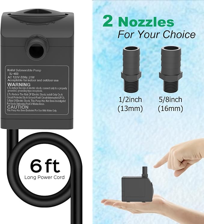 300GPH Submersible Water Pump 5.2ft High Lift for Fountains | Ultra-Quiet with Over Heating Protection, Perfect for Hydroponic, Small Pond, Aquarium, Fountain Outdoor