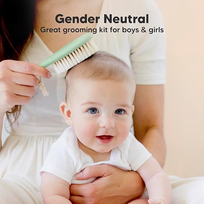 Baby Hair Brush Set for Newborns - Soft Goat Bristle Wooden Baby Brush and Comb Set Newborn Grooming Kit for Cradle Cap, Durable & Gentle, Boy, Girl Infant Essentials Care Kit (Regular, Sage)