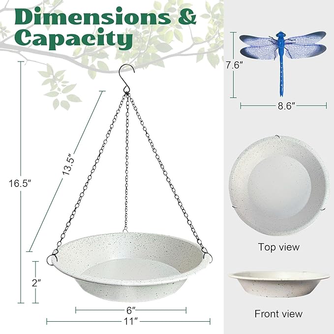 Hanging Bird Bath for Outdoor,Gray Speckled Granite Look Metal Bird Feeder Birdbath Bowl with 17” Rust-Proof Black Chains for Garden Backyard Decor