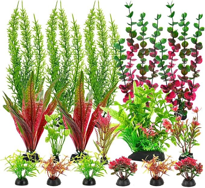 18Pcs Plastic Aquarium Plants, Weighted Base, Red Green Fish Tank Decor | Safe for betta and goldfish. Fresh and saltwater. Tall and short variety pack. Weighted bases hold firm.