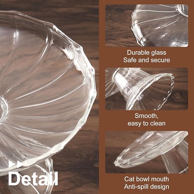 Elevated Cat Bowls Whisker Friendly. Raised Glass Whisker Fatigue Cat Bowl for Indoor Cats Protect The Spine and Prevent Vomiting.