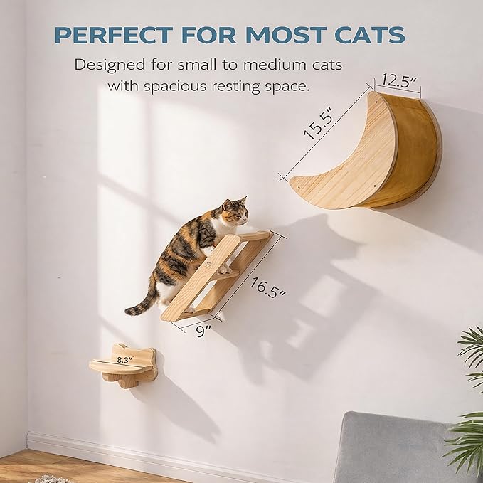 Cat Wall Shelves Set – Solid Wood Cat Wall Furniture with Moon Bed & Ladder, Wall Mounted Climbing Shelves for Indoor Cats, Space Saving Cat Gym Wall System (3pcs/Set)