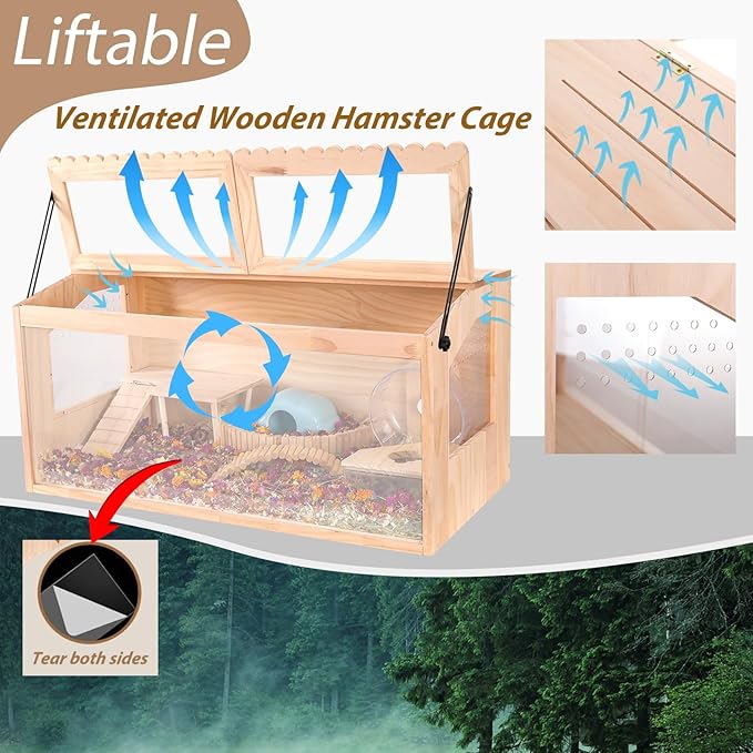 Wooden Hamster Cage,40" Lx20 Wx16 H,Large Hamster Cage,2 Washable Liners & 2 Adjustable Ventilation Window. Small Animal Cage for Dwarf Syrian Hamsters Degus Mice & Other Small Pets.