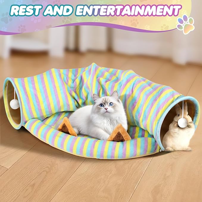 Spardar Bunny Tunnel Bed, 2-in-1 Collapsible Tunnel Tubes Toys, Washable, with Removable Mat Hideout, Interactive Toys for Rabbits Chinchilla Hedgehog Guinea Pigs Kitty, Stripe