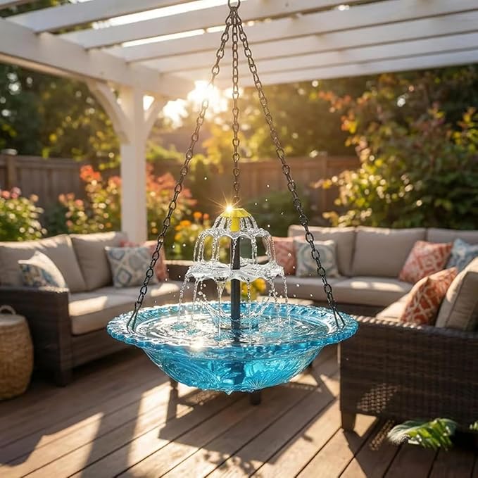 Hanging Solar Bird Bath Fountain, Solar Powered Cascading Outdoor Water Fountain, Hanging Bird Bath with Flowing Water, Decorative Garden Yard Patio Bird Bath Fountain