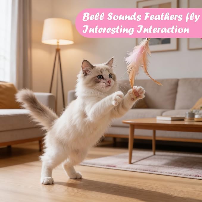 4 Pcs Cat Feather Toys, Interactive Cat Feather Wand Toy Pet Teaser Wire Wand with Bell Beads Wands Toys for Cats Chase Exercise Play