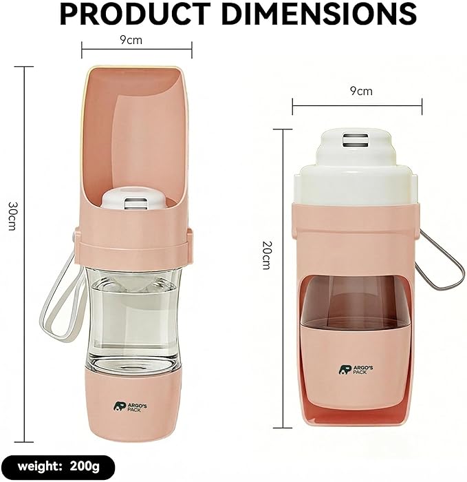 Argo's Pack 2-in-1 Dog Water Bottle & Food Container: Foldable Bowl, Leak-Proof & Portable. Durable Travel Gear for Dogs & Cats. Essential for Walking & Hiking. Perfect for Active Pet Owners. (Pink)