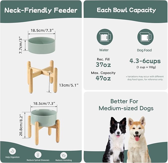 Havniva Ceramic 7.3inch Raised Dog Bowl Set, Elevated with Wooden Stand, Food and Water Bowl for Medium Breed Dogs, Weighted Dog Dishes, Pet Feeder(Light Green)