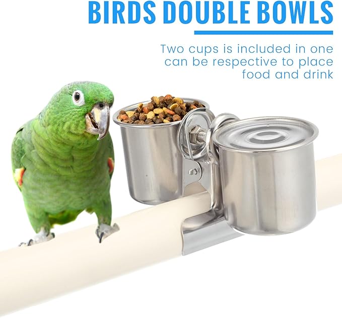 Tioncy 2 Pcs Clip on Water Bowl for Birds Parrot Feeding Double Cups Dishes Hanging Stainless Steel Food Water Bowls with Clip Pet Animal Feeder Cup Holder for Cage Coop Perches Play Stand Accessories