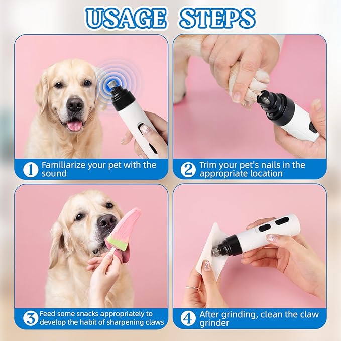 Upgraded Quiet Dog Nail Grinder - 2-Speed Rechargeable Pet Nail Trimmer with 2 Grinding Heads, Painless Grooming Tool for Small Medium Large Dogs & Cats