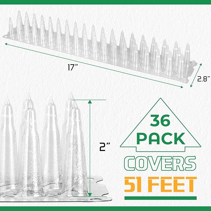 36 Pack Upgraded Clear PVC Bird Spikes, Covers 51 Feet(15.5m), Keep Birds Away and Keep Birds from Building Nest, Long Deterrent Spikes Keep Pigeon Squirrel Cats and Other Animals Away