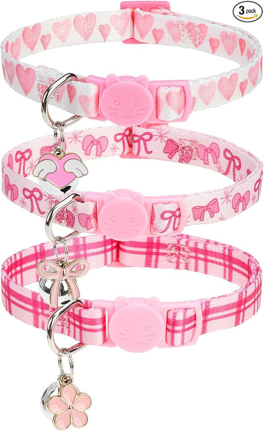 SCENEREAL Breakaway Cat Collar with Bell, 3 Pack Adjustable Safety Pink Cat Collar for Boy and Girl Cats, Cute Kitten Collar for Kitty Puppy Small Pets, Bow & Plaid & Heart