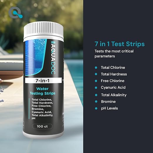 AquaDoc 7-in-1 Pool, Spa & Hot Tub Test Strips - 100 pH Strips | Tests pH, Chlorine, Bromine, Alkalinity, Hardness And Cyanuric Acid in Pools & Hot Tubs