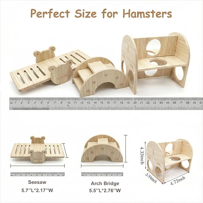 Wood Hamster Toys, Seesaw, Bridge and Hideout for Dwarf Gerbil Mouse Mice Rat Small Animals(Only for Small Hamster)