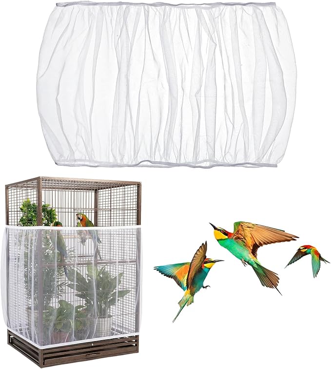 Bird Cage Netting Seed Catcher, White Adjustable Large Bird Cage Seed Catcher Stretchy Birds Cages Cover, Easy to Install, Fits Most Cages, Ideal for Parrots Enclosures
