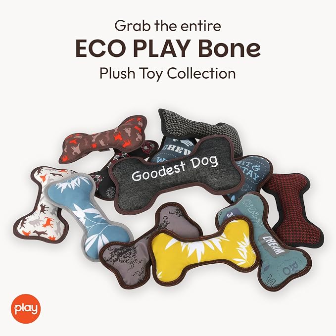 P.L.A.Y. Stuffed Dog Toys, ECO Bones - Extra Durable Squeaker Chew Toy, Great for Teething Puppies & Small, Medium, Large Dog Breeds - Machine Washable, Recycled Materials (Urban Denim, Medium)