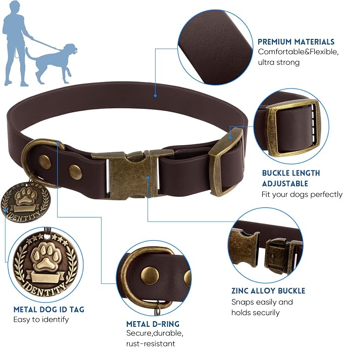 Wisedog Waterproof Dog Collar and Leash Set, M, Brown | Adjustable Puppy Collar, Cute Tag, 5FT Leash, Includes Poop Bag, For Small Medium Large Dogs
