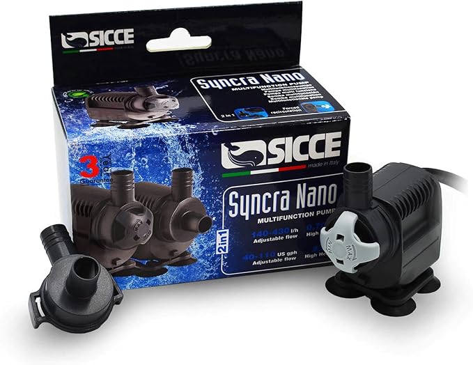 SICCE Syncra Silent NANO Multifunction 110 GPH Submersible Water Pump | Italian Made 2.8W Ultra Quiet Durable Aquarium Fish Tank, Fountain, Pond, Hydroponics, Terrarium Black | Freshwater & Saltwater