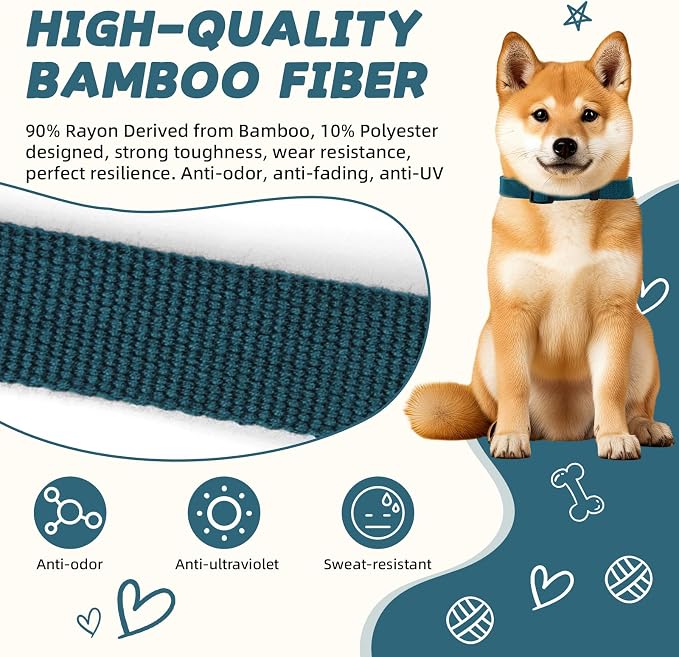 Peacock Blue Dog Collar and Leash Set for Small Dogs Soft and Breathable of 90% Rayon from Bamboo and 10% Polyester Comfortable Skin-Friendly, Adjustable Leash Set with Quick Release Buckle