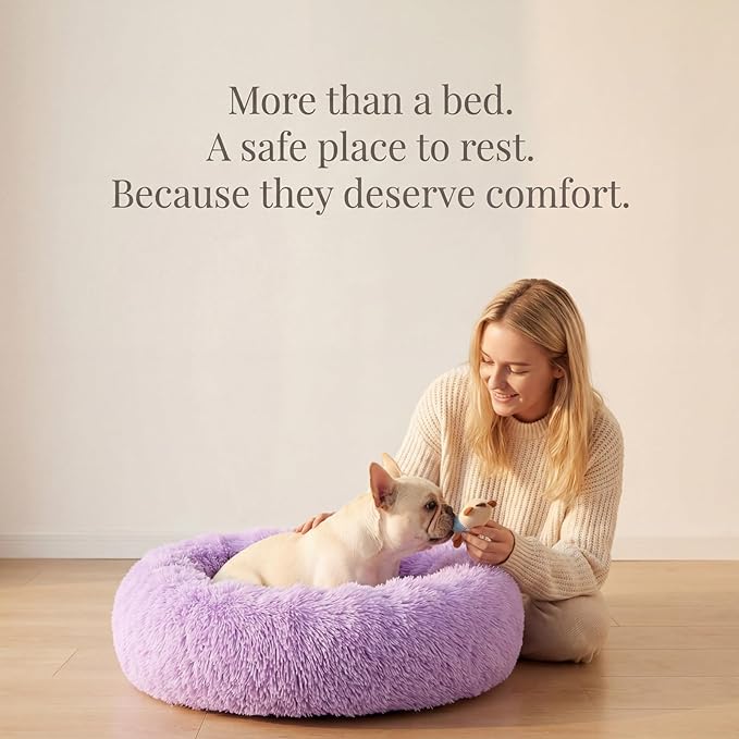 Calming Dog Bed for Medium Dogs Washable Donut 30 inches Anti-Slip Pet Bed,Round Fluffy Plush Faux Fur Cat Bed,Fits up to 45 lbs Pets,Purple
