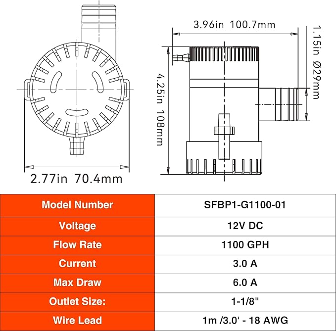 SEAFLO 01 Series 1100 GPH Bilge Pump – 12V, 1-1/8" Outlet, Marine Submersible Pump with Anti-Airlock Protection, CE & Rohs Certified, 4-Year Warranty | Reliable for Boats and Marine Applications
