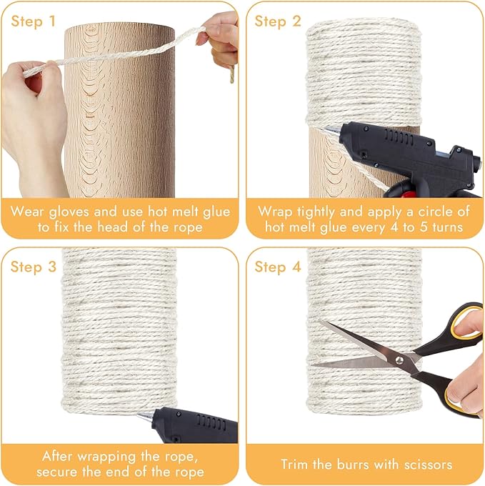 50 Feet Sisal Rope for Cat Scratching Post, 1/4 Inch White Cat Tree Rope, 1/4 Inch DIY Hemp Twine Rope for Repairing, Recovering Scratch Post Cats Tree Tower Replacement (White)