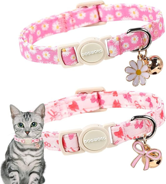 2 Pack Pink Floral Cat Collars Breakaway with Bell, Safety Buckle Daisy Cat Collar for Girl Cats and Small Dogs，Adjustable 7-12 Inch,Pet Supplies Accessories