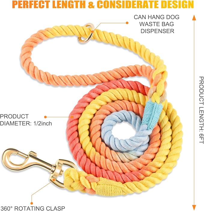 Dog Leash 6 FT Handmade Braided Cotton Rope Leashes for Small Medium and Large Dogs, New Golden Heavy Duty Metal Clasp, Colorful Rainbow