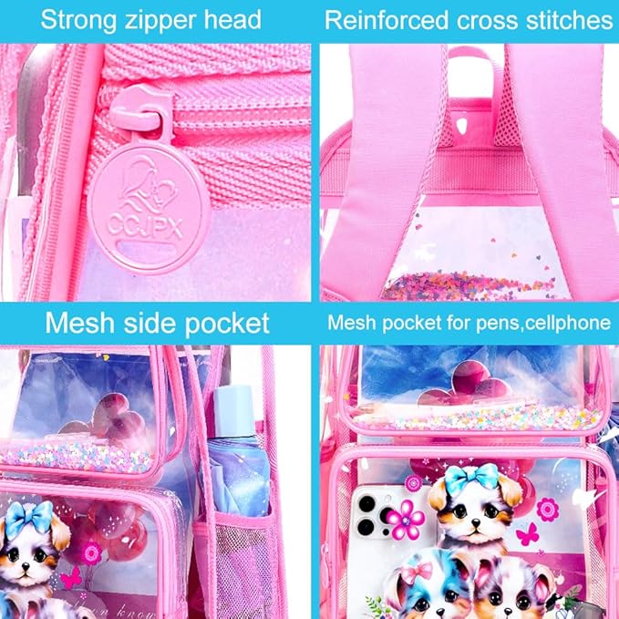 AGSDON 3PCS Clear Backpack for Girls, See Through Backpacks for Kids with Lunch Box, Heavy Duty Transparent Bookbag - Dog