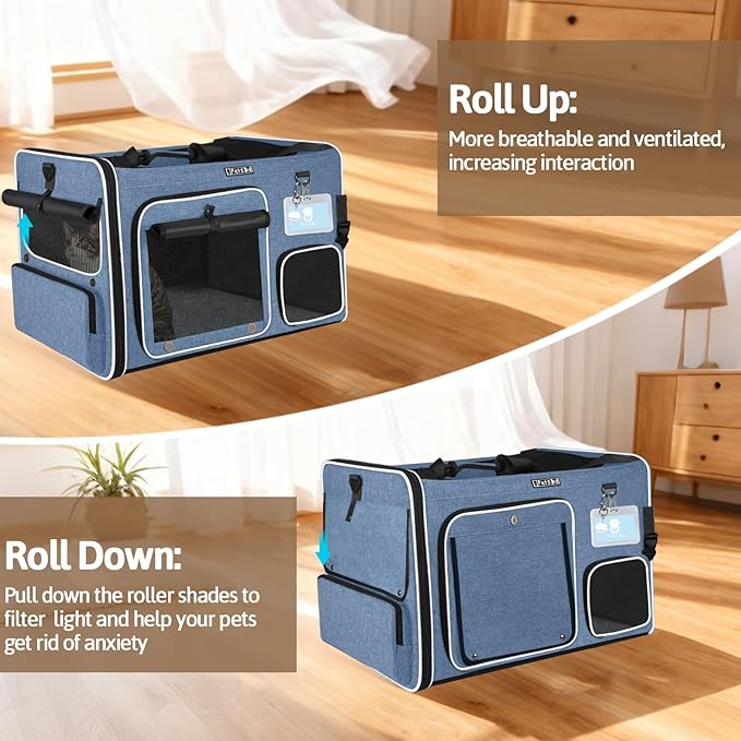 Petskd Side Expandable Extra Large Cat Car Carrier with Collapsible Litter Box for Long Distance Travel,24"x17"x17" Portable Soft Sided Pet Carrier with Roller Shades for 2 Cats Up to 55LBS(Blue)