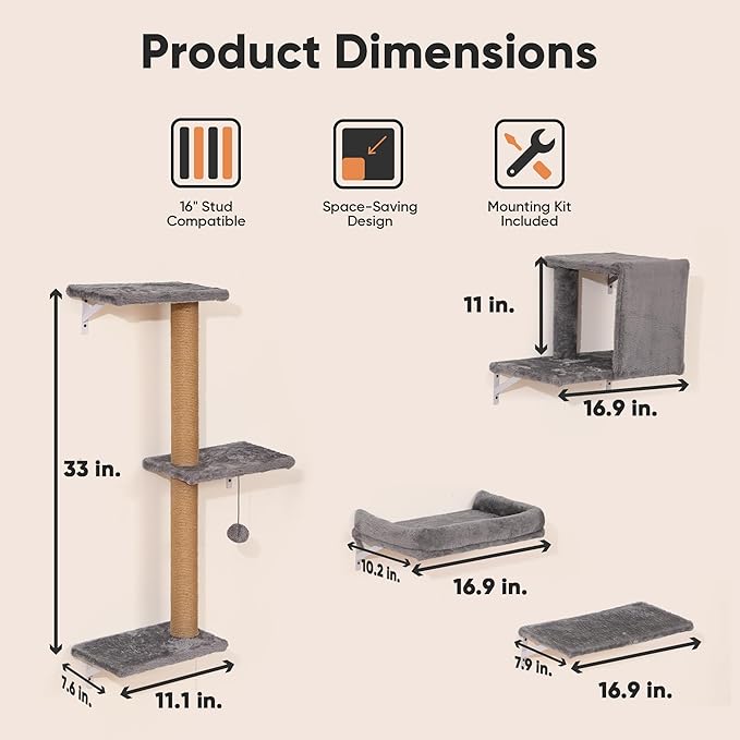 FUKUMARU Cat Wall Shelves, Stable & Safe 4 in 1 Cat Walls Furniture Set, Wooden Kitten Climbing Wall with Scratching Post for 16 Inch Drywall - Beige