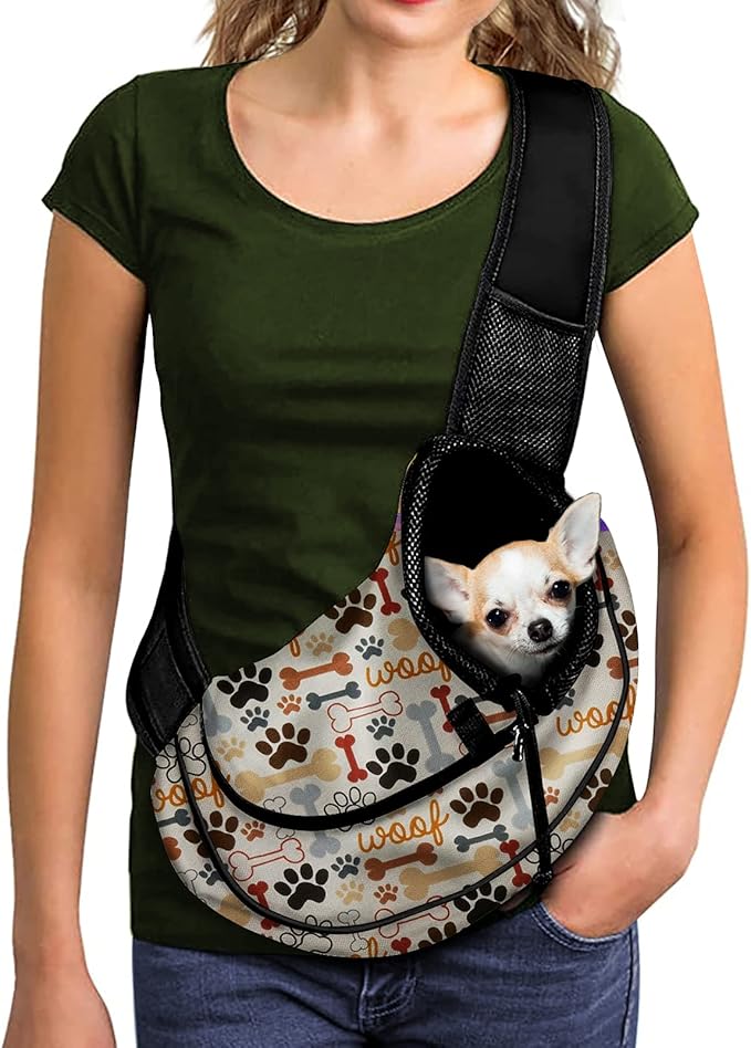 FUSURIRE Beige Puppy Paws Pet Travel Carrier with Adjustable Strap Breathable Small Dog Cat Outdoor Carrier Bag Hand Free Soft Pet Carrier Sling for Men Boys Women Girls