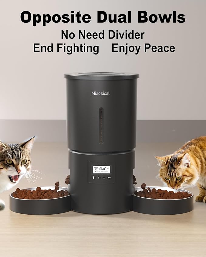 Automatic Cat Feeder 2 Cats, 4.2L Dry Food Auto Dispenser with Double Bowls,Dual Power Supply,Programmable Portion Control,10s Voice Recorder(Black,Stainless Steel Bowls) (Pure Black)