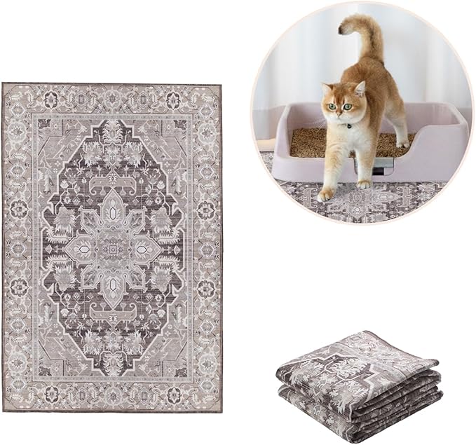 Lovewag Pets Cat Litter Box Mats 2 Pack - Small 16x24 Machine Washable, Easy Clean, Non-Slip, Waterproof Mats for Indoor Cats - Kitty Litter Mess Control & Pet Urine Floor Protection - (Caramel Creme)