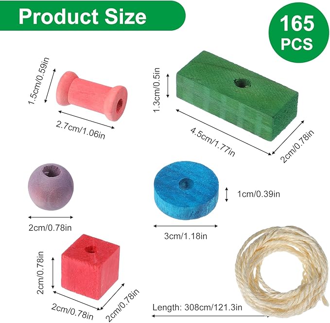 165 Pcs Parrot Toys, Bird Toys Bird Chew Toy DIY Multicolored Wooden Blocks for Large Macaws, Cockatoos, African Grey, Small and Medium Parrot
