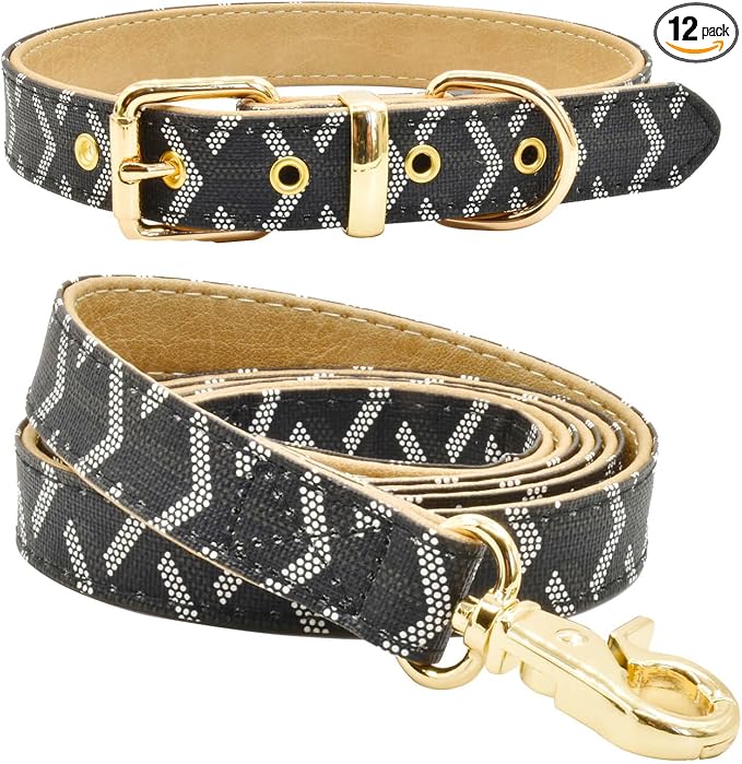 Leather Dog Collar and Leash Set, Check Pattern Dog Collar Leashes Metal Buckle Adjustable Durable for Small Medium Large Dogs (Black, L(14.5-18.5IN))