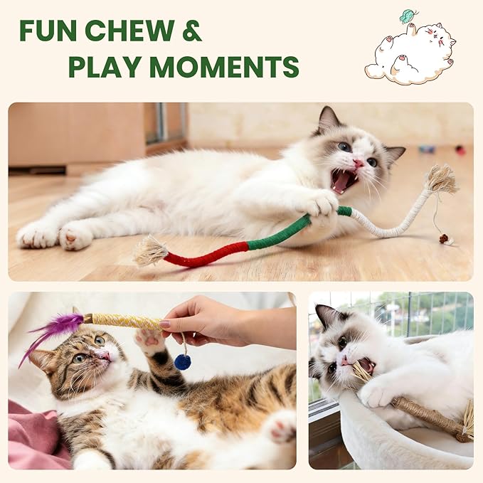 Silvervine Sticks for Cats and Cat Chew Rope Toy for Dental Care Teeth Cleaning&Anxiety Relief,Interactive Catnip Toys for Bored Indoor Cats（9pcs）