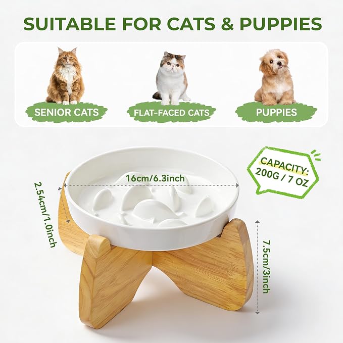 Raised Slow Feeder Cat Bowl with Stand, 6.3'' Wide Ceramic Elevated Shallow Slow Eating Cat Bowl for Dry/Wet Food, Anti-Vomiting Pet Puzzle Feeder, Whisker Friendly, Dishwasher Safe (2 Pack) | Anti-Gulping & Keep Fit, Dishwasher Safe, For Dry and Wet F...