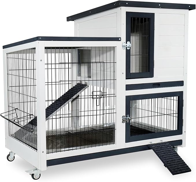 FunXplore 2-Story Rabbit Hutch Bunny cage Indoor Outdoor with Lower Urine Guards, Chew-Proof Ramp, 2 Leak-Proof Trays, 4 Metal Wheels for Rabbits, Guinea Pigs, Small Animals