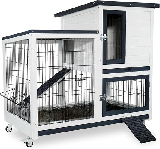 FunXplore 2-Story Rabbit Hutch Bunny cage Indoor Outdoor with Lower Urine Guards, Chew-Proof Ramp, 2 Leak-Proof Trays, 4 Metal Wheels for Rabbits, Guinea Pigs, Small Animals