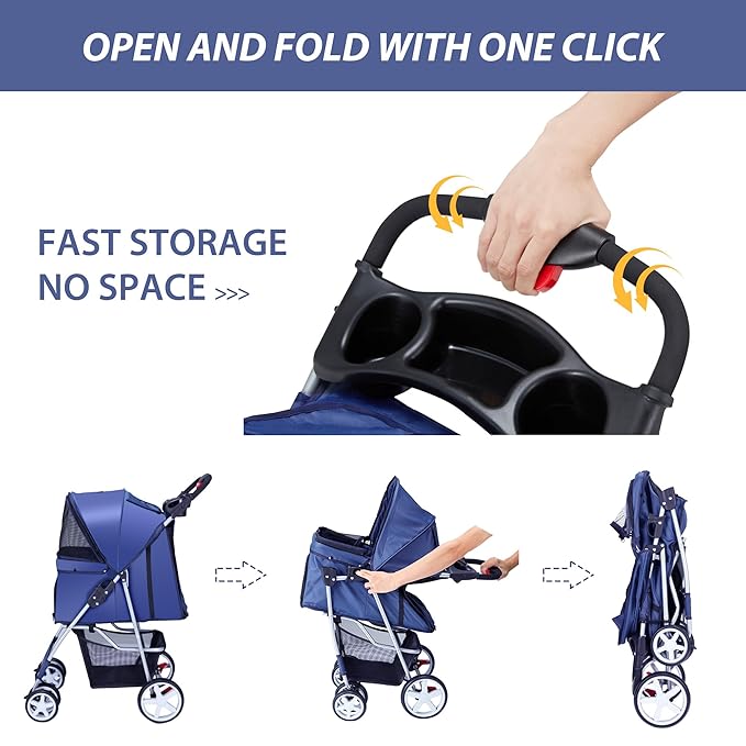 Unisakey 4 Wheels Pet Stroller for Small Medium Dogs Cats 10-33 lbs, Foldable Dog and Cat Stroller with Cup Holder & Storage Basket & Breathable Mesh, Pet Strolling Cart for All-Season, Navy Blue