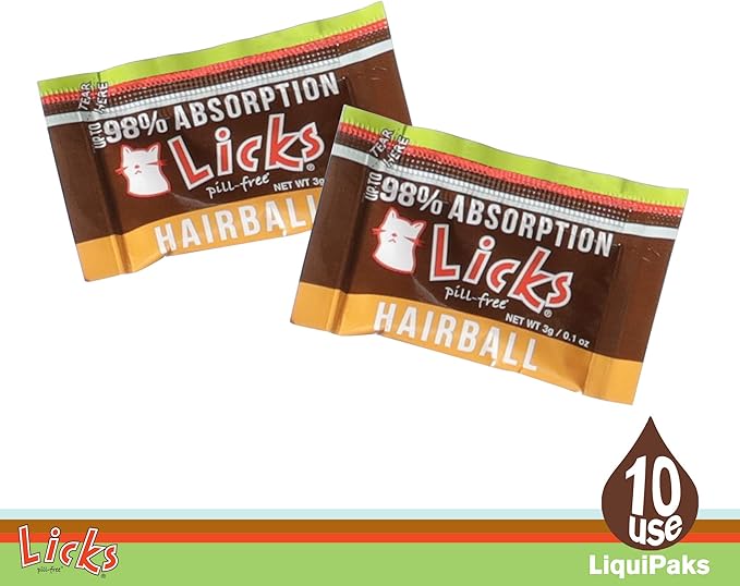 Licks - Hairball Remedy for Cats - Cat Hairball Treatment Containing Flax Seed Oil, Cod Liver Oil, and Sorbitol - LiquiPaks - 10 Use