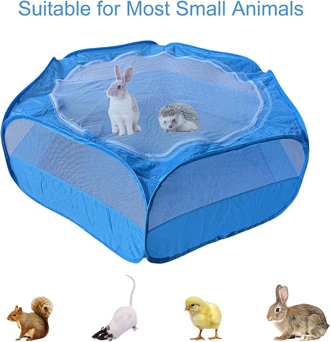 Small Animal Playpen with Zippered Mesh Cover - Portable Foldable Chicken Brooder Box, Indoor Outdoor Enclosure for Guinea Pigs, Bunny, Rabbits, Ferrets, Chinchillas, Kittens (Blue)