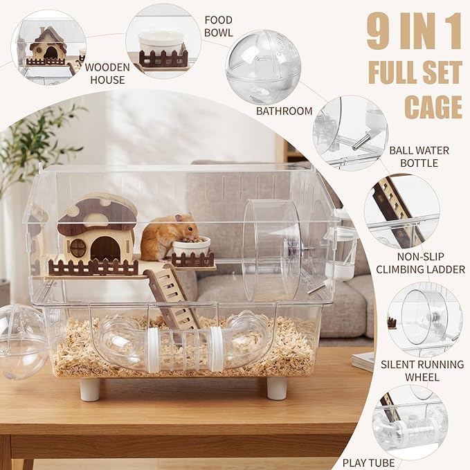 Loungewave Acrylic Hamster Cage, 8 in 1 Gerbil Cage with Accessories, Dwarf Hamster Cage with Full Transparent Viewing, Clear View Inside Easy to Clean, Excellent Ventilation, Mushroom House Style