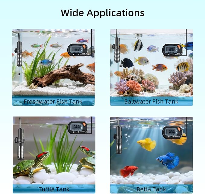 HiTauing Small Aquarium Heater 25W, Constant Temperature 78℉ Fish Tank Heater with Digital Thermometer, Submersible Betta/Turtle Tank Heater for Freshwater and Saltwater Tanks