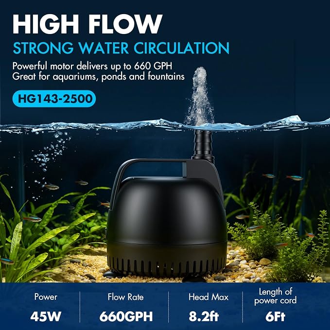 hygger 660GPH Submersible Pump Aquarium, Fish Tank Water Pump Adjustable Flow with 2 Nozzles, 8.2 ft High Lift Quiet Fountain Pump for Aquarium, Pond, Hydroponics, Water Garden